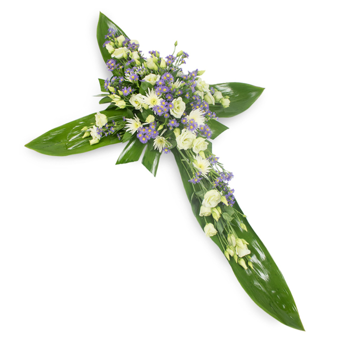 A carefully composed sympathy cross sits centered against a plain white surface, captured from a slight overhead angle so each element of the design reads clearly. The foundation is a tapestry of large, glossy Ti leaves, their deep green tones and visible veins lending structure and a protective quality to the piece, like sheltering wings. Concentrated at the crossroads and extending along each arm are clusters of pale lisianthus in creamy ivory and soft white; their layered, slightly ruffled petals suggest purity and gentle remembrance. Among those larger blooms, compact white chrysanthemum sprays add luminous points of texture, while fine sprays of lavender-hued limonium or small asters bring a whisper of cool color and delicate intricacy. Small, subtle filler greens are threaded through the clusters, enhancing the organic feel and softening transitions from leaf to bloom. The lighting is soft and even, accentuating the contrast between the smooth, satiny leaves and the tender, feathery petals, and the fragrance is understated-green, clean and quietly consoling. As a crafted tribute, this piece embodies reverence and calm: an arrangement designed for church services, funeral readings or graveside farewells in and around North Ockendon and nearby towns. The overall impression is one of composed dignity and compassionate craftsmanship, an emblem of enduring respect and the hopeful tranquillity that accompanies remembrance.
