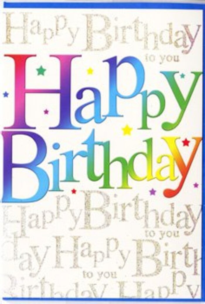 This birthday card feels like opening the door to a surprise party somewhere off Fen Lane-warm, colourful, and instantly inviting. The phrase Happy Birthday runs boldly across the centre, rendered in tall, softly curved letters that flow into each other with ease. Each letter carries its own glow of colour, shifting from intense ruby and coral at one end through mango, lemon, fresh lime, and turquoise, before settling into rich purples at the other. The gradient is smooth and velvety, reminiscent of the way petals change tone on a well-bred rose, and the colours seem to pulse gently against the card's surface. Behind this central message, the background is entirely filled with the repeated line Happy Birthday to you, written in a fine, looping gold script that feels almost hand-penned. The golden words form a soft, shimmering pattern across the card, catching the light with a quiet sparkle, like late-afternoon sun glancing off the windows of homes around North Ockendon. Scattered between the script, tiny stars and flecks of colour appear here and there, subtle but playful, as if someone has lightly dusted the card with confetti. The finish looks smooth and slightly glossy, inviting the fingertips to trace over the lettering. From a florist's perspective, it's a design that complements everything from a delicate pastel bouquet to a bold, bright arrangement. It doesn't shout, yet it radiates happiness-a thoughtful choice when you want your birthday wishes to feel like a warm embrace delivered right to their doorstep.