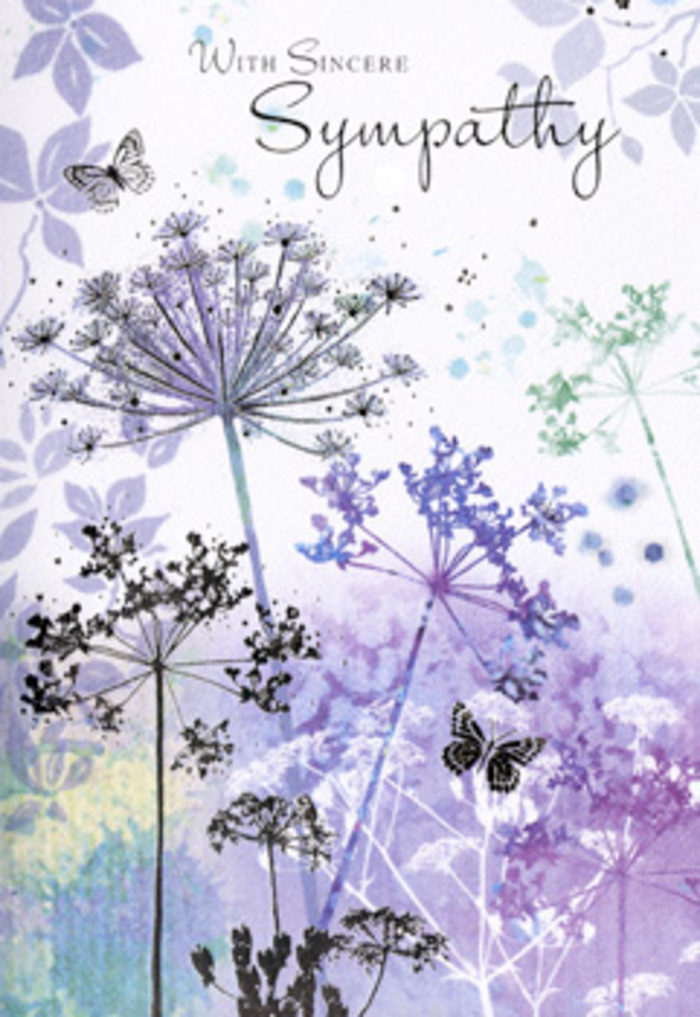 The design of this sympathy card evokes the gentle, contemplative calm of a North Ockendon evening, where open sky meets quiet fields. Rising from the base of the card are tall, filigree wildflowers, their stems so fine they almost vanish into the softly layered background. Each bloom forms a lacy umbel of tiny dots and strokes, painted in shades of violet, dusty indigo, and cool silver-green. The watercolour washes behind them blend seamlessly from pale lavender to misty blue-grey, reminiscent of the soft haze you might notice over the countryside near Upminster Bridge Road or along the edges of local farmland. Nothing in the artwork is harsh or sharply defined; edges blur gently, like memories softening over time. Light seems to filter from above, diffused and even, casting no distinct shadows but bathing the entire scene in a calm, reflective glow. Two delicate butterflies hover just above the tallest stems, their semi-transparent wings echoing the card's palette and suggesting a quiet sense of continuity-life still moving gently forward, even amid loss. There is a contemplative spaciousness in how the flowers are arranged, allowing the eye to wander from stem to stem without urgency. As someone used to creating funeral tributes for families in and around North Ockendon, I recognise in this artwork the same intention we bring to our arrangements: to offer a serene, respectful presence, a visual language of sympathy that speaks softly yet sincerely when words feel inadequate.