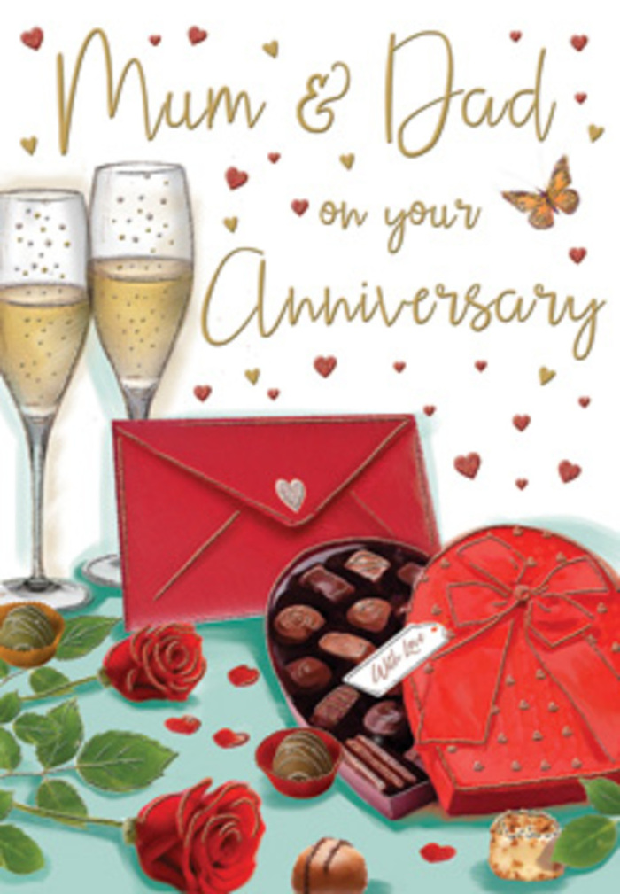 Detailed anniversary card artwork capturing the essence of a cosy family celebration, as if styled for parents in North Ockendon who treasure their traditions. In the foreground, two lush red roses rest gently on the table, their petals layered in generous spirals that suggest fullness and softness to the touch, like blooms carefully chosen from a fresh delivery. Dark, glossy green leaves fan outward beneath the flowers, grounding the composition in natural texture and colour. To one side, a romantic heart-shaped chocolate box in a strong, scarlet red lies open, revealing an orderly selection of chocolates, each piece shaded to suggest rich fillings and smooth shells. A broad red ribbon encircles the box and is tied into a dramatic bow on the lid, its loops and trailing ends illustrated with gentle highlights that suggest a satiny finish. Behind this indulgent pairing stand two elegant champagne flutes, stems long and delicate, brimming with pale golden fizz; light glances off the curved glass and tiny bubbles, implying a celebratory toast shared in the quiet of a North Ockendon evening. Golden and deep red hearts float through the background, framing the handwritten dedication to Mum & Dad, which gives the card a distinctly affectionate, family-centred character. At the lower edge, a bright red envelope sits slightly askew, sealed and ready to be opened, hinting at a personal note filled with gratitude and love. The warm interplay of ruby, gold, and cream tones, combined with the familiar symbols of roses, chocolates, and champagne, creates an inviting, sentimental atmosphere, much like the feeling when Flower Delivery North Ockendon arrives with a bouquet to mark a special milestone.