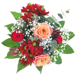 This exquisite arrangement, masterfully designed in the spirit of North Ockendon's landscape, draws the eye with its compelling composition and spectrum of hues. The drama of lustrous red chrysanthemums and plump crimson rosebuds forms a striking base, while creamy peach and apricot roses introduce an embrace of soft warmth that gently diffuses throughout the bouquet, much like the golden hour light spilling over the fields beyond Mollands Lane. Between each blossom, wisps of delicate white gypsophila weave like ornaments upon an heirloom fabric, granting the piece a sense of grace and lively movement. Presented in a pristine glass vase-reminiscent of home windows that catch the afternoon sun-the arrangement is both refined and welcoming, conveying contemporary elegance without losing touch with the area's village charm. Each petal and leaf is chosen for its tactile pleasure: the silky rose caress, firm support of emerald foliage, and floating clouds of gypsophila, coming together in a visual and sensory embrace. Ideal for expressing heartfelt affection or marking new beginnings, this bouquet anchors a table or entryway with both style and sentiment-a living artwork from a North Ockendon florist deeply attuned to community and memory.