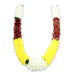 Against a pure white studio background the image shows a U-shaped ceremonial garland formed from densely packed artificial blossoms, its soft shadow lending a sense of depth and weight. Each symmetrical arm begins with a compact, cylindrical band of creamy white, tiny petalled blooms that look like miniature chrysanthemums or jasmine clusters, their plush texture almost tangible through the image. That white transitions into a rich maroon or reddish-brown segment of equally tight, fabric petals, their deeper tone grounding the design before it flows into the long, dominant bands of bright, sunshine yellow that shape the sweeping lower curve. Where the two yellow arms meet the garland closes in a generous, central cluster of pure white, chrysanthemum-like flowers that serves as the visual focal point, accented by small, dark green leaf motifs placed at several color breaks to give breathing space and a natural pause between sections. The construction reads as meticulous: thousands of synthetic fabric petals layered to mimic living blooms, stitched and wired so the piece holds a voluminous, plush silhouette suitable for repeated ceremonial use. The overall mood is reverent and celebratory at once-a traditional mala-like garland that would be at home on an altar for a Hindu puja, draped at a wedding mandap, or used as a festive offering during Diwali or Holi. In gallery lighting the colours-white, maroon and yellow-read as symbols of purity, devotion and prosperity. For residents of North Ockendon and neighbouring Cranham or Upminster, the garland's skilled craftsmanship and respectful palette make it a familiar and comforting accent at local cultural gatherings and family ceremonies.