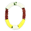 A finely crafted funeral garland in a classic open oval shape is set against a luminous white background, making its layered bands of colour appear almost to glow. Along the top curve, closely strung white blooms form a continuous, cushion-like arch, with each tiny petal contributing to an impression of quiet purity and spiritual calm. This tranquil white gradually yields to strong vertical stretches of deep maroon on both sides, the flowers so densely packed that the surface feels velvety and substantial, conveying seriousness and devotion. At the points where colours shift, slender touches of fresh green foliage are woven in, like breath marks in a piece of music, providing natural pauses for the eye. Completing the U at the base is a broad band of cheerful yellow blossoms, their lively hue softening the gravity of the maroon and echoing memories of brighter days. The craftsmanship is precise: each section is uniform in thickness, the transitions clean, and the overall garland perfectly balanced, suggesting the work of an experienced florist mindful of ritual and meaning. While the design is rooted in South Asian and Southeast Asian mala traditions, it would feel entirely appropriate in a North Ockendon farewell ceremony, perhaps laid near a memorial table in a home off Fen Lane or accompanying a final goodbye arranged through a local service. The garland's interplay of white, maroon, yellow, and green creates a tribute that feels both traditional and deeply personal, like a final, fragrant embrace offered in honour and gratitude.