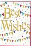 This image features a joyful Best Wishes card that feels like a compact celebration, ready to slip alongside a bouquet on its way to a doorstep in North Ockendon. The card's background is a pure, fresh white, which makes every colourful detail and the shimmering gold message stand out clearly. In the centre, the words Best Wishes flow across the card in a wide, looping script, rendered in golden foil or glitter that catches the light like tiny flecks of sunlight. The letters are slightly raised, giving a sense of tactile richness, as if you could trace the curves with your fingertips. Above and below, strands of party bunting sweep in gentle curves, reminiscent of decorations strung between trees in a garden near the village green. Each small flag is painted in vivid colours-rich reds, sapphire blues, teal, bright greens, yellows, and soft pinks-with some adorned by fine stripes, others by polka dots or mosaic-style patterns. Around these arcs, delicate stars and scattered confetti dots dance across the white space, suggesting movement and the lingering echo of a recent celebration. The overall composition feels balanced and airy, never heavy, with enough white space to keep the design elegant while still conveying excitement. It's the kind of card a local florist might tuck into a congratulations bouquet for a housewarming near Upminster, a promotion, or a new chapter in life, offering a warm, sincere greeting. The combination of sparkling gold text, colourful bunting, and playful confetti creates an atmosphere of genuine joy and hopeful positivity.
