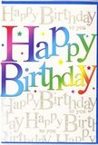 The birthday card in this image radiates the same joyful energy as a bunch of fresh blooms picked up on a stroll through North Ockendon. Across the middle, the words Happy Birthday stretch in large, friendly letters, each one painted in a different vivid hue. The colours run seamlessly from deep red and magenta into fiery orange, mellow gold, lively grass green, and through to cool blues and regal purples, forming a smooth rainbow sweep that feels both modern and fun. The letters have soft edges and a gentle sheen, as if inked with rich, saturated markers on a pristine white base. Behind this bold greeting, the background is woven with fine lines of golden script repeating Happy Birthday to you in neat, cursive handwriting. The metallic ink sparkles lightly, not in a brash way, but like distant fairy lights at a garden gathering near Cranham-visible when the card tilts, subdued when it rests. Nestled among the script are tiny star shapes and dots in complementary colours, scattered sparingly to give a sense of celebration without clutter. The whole composition feels harmonious and thoughtfully crafted, balancing exuberant colour with delicate detail. You can almost imagine the texture: smooth card stock with raised, slightly glossy lettering under your fingertips. As a local florist matching cards to bouquets for birthdays across North Ockendon, I see this as the ideal partner for a bright, mixed arrangement-a card that turns a simple birthday message into a full-hearted, sparkling moment of joy.