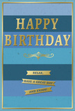 In this image, a sophisticated birthday card stands proudly, its design echoing the calm, open skies often seen over North Ockendon. The card's background is made up of broad, horizontal stripes in varying blue tones, beginning with a deep navy at the top and gradually softening into teal, ocean blue, and pale sky shades toward the bottom. This gentle gradient creates a serene, layered effect that feels like looking out over distant fields under a changing sky. Across the centre, the message HAPPY BIRTHDAY is embossed in large, shimmering gold letters. Each character is clean, slightly raised, and reflective, so the words glint softly when light falls across them, adding a touch of celebration without overwhelming the soothing blues. Just beneath the main greeting, a decorative golden flourish unfurls in graceful curves, giving the card a classic, almost heirloom quality. Further down, three narrow gold banners are aligned one beneath another, each carrying part of a friendly sentiment that together reads, Relax, have a great day and enjoy! The typography is clear and elegant, easy to imagine tracing with a fingertip. A slim gold frame surrounds the whole design, neatly containing the colours and giving the card a finished, thoughtful look. The card stock appears thick, smooth, and quietly luxurious, with the matte blues contrasting beautifully against the glossy, metallic gold. One can imagine this card propped beside a bouquet freshly delivered to a North Ockendon home, perhaps near the edge of the countryside, bringing a sense of calm joy and simple, heartfelt birthday wishes.