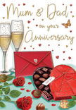 Illustrated anniversary card scene evoking an intimate toast to enduring love, described with the familiarity of a local North Ockendon florist guiding a customer choosing something special for Mum and Dad. The composition is centred around two richly coloured red roses resting on a smooth surface, their petals tightly coiled and velvety, with soft highlights that make them appear freshly cut and gently fragrant. Surrounding leaves in deep, lustrous green create a natural frame, their subtle curves giving the flowers a sense of depth and life. Beside the roses, an open heart-shaped chocolate box in a vivid, romantic red reveals a tidy arrangement of assorted chocolates, each one illustrated in shades of cocoa and caramel, suggesting a mix of flavours to be slowly savoured. A generous red bow decorates the box, its loops full and ribbon tails trailing gracefully, reminiscent of the finishing touch on a florist's gift. Just behind, two tall champagne flutes stand close together, each filled with pale golden champagne, bubbles rising in delicate streams that catch glimmers of imagined light, like the glow from a nearby North Ockendon living-room lamp. Scattered across the background, small gold flecks and crimson hearts flow around a loving inscription for Mum & Dad, giving the card a playful yet heartfelt family warmth. At the base, a bold red envelope lies ready to be opened, hinting at a handwritten message brimming with gratitude and shared memories. The overall feel is one of cosy celebration, as if roses, chocolates, and sparkling glasses are laid out on the table just after a surprise anniversary delivery has arrived at the door.